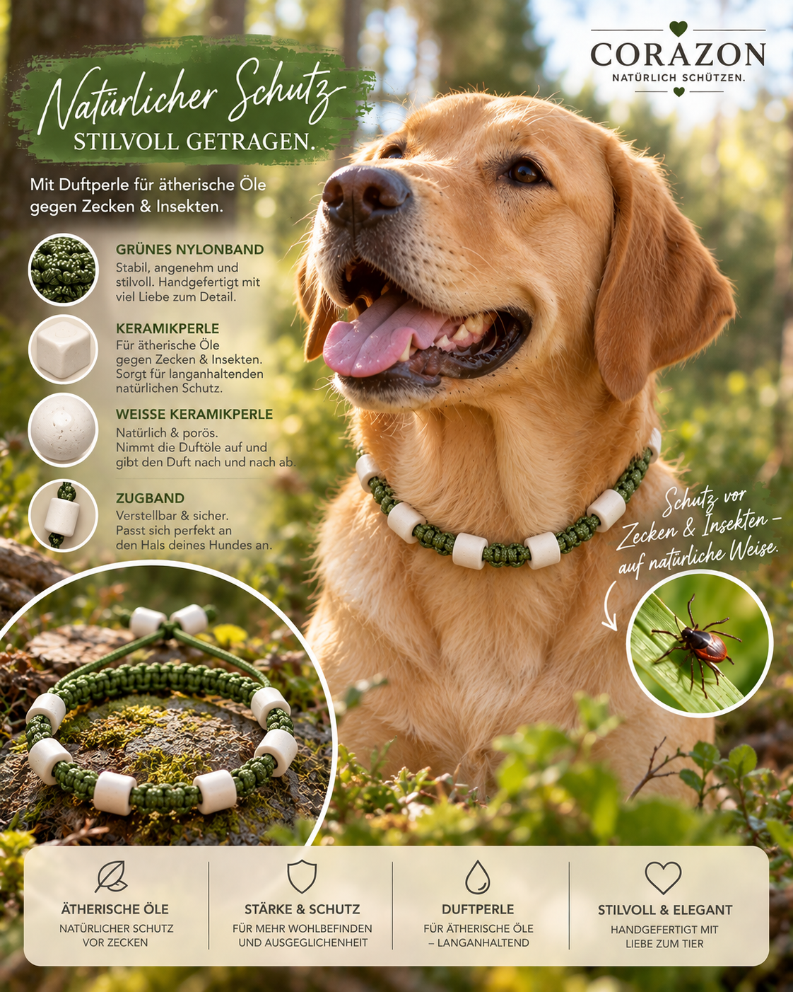 CORAZON Duft-Halsband für Hunde – Grün mit weißen Keramik-Duftperlen