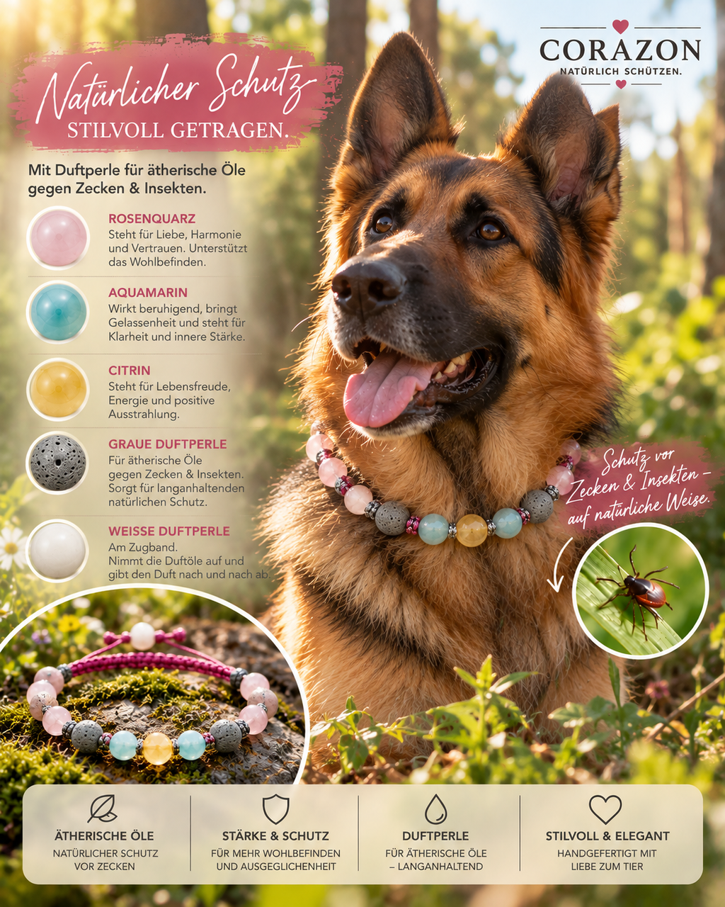 CORAZON Duft-Halsband für Hunde – Rosenquarz, Aquamarin & Citrin