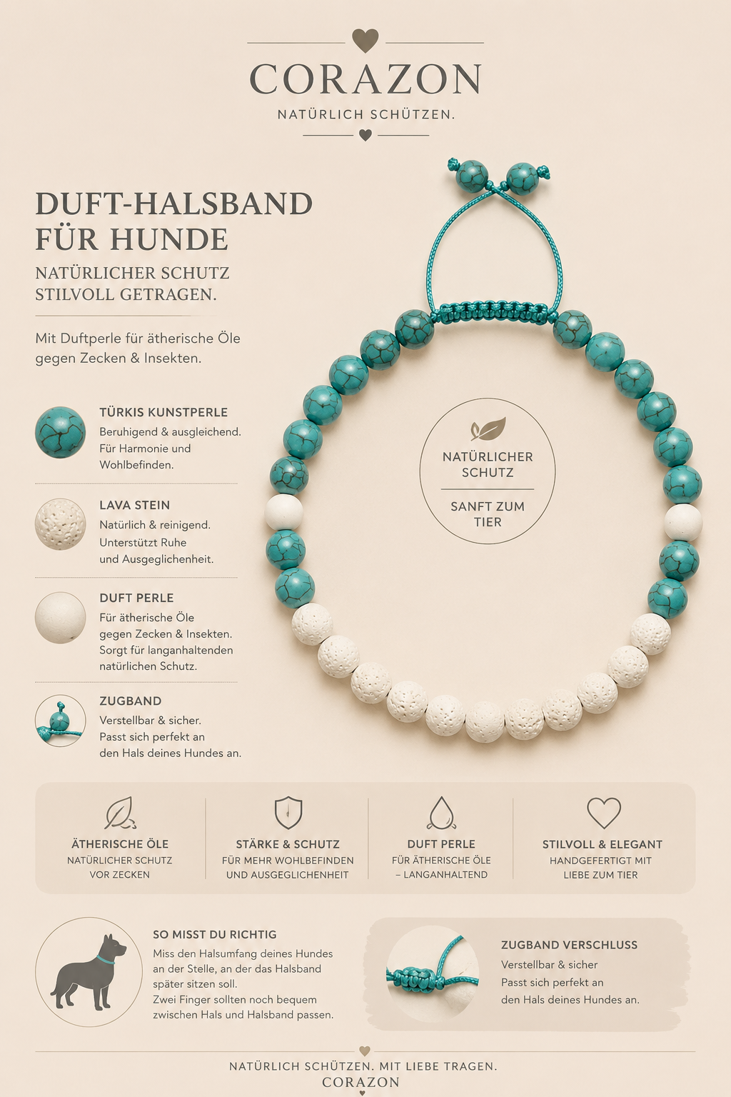 CORAZON Duft-Halsband – Türkis & weißer Lavastein