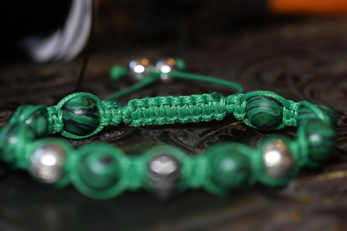 Malachite, Silver Bead, and Black Skull Harmony Bracelet