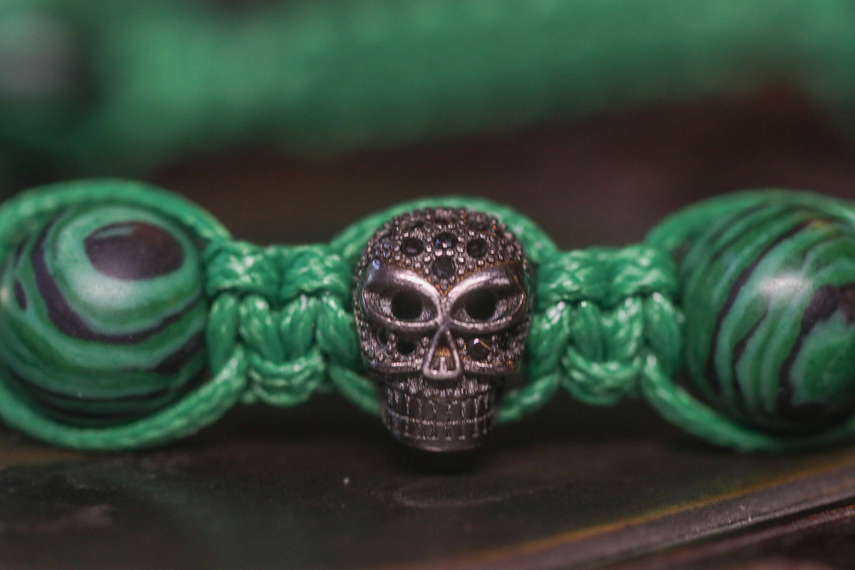 Malachite, Silver Bead, and Black Skull Harmony Bracelet