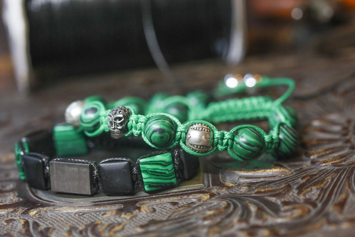Malachite, Silver Bead, and Black Skull Harmony Bracelet