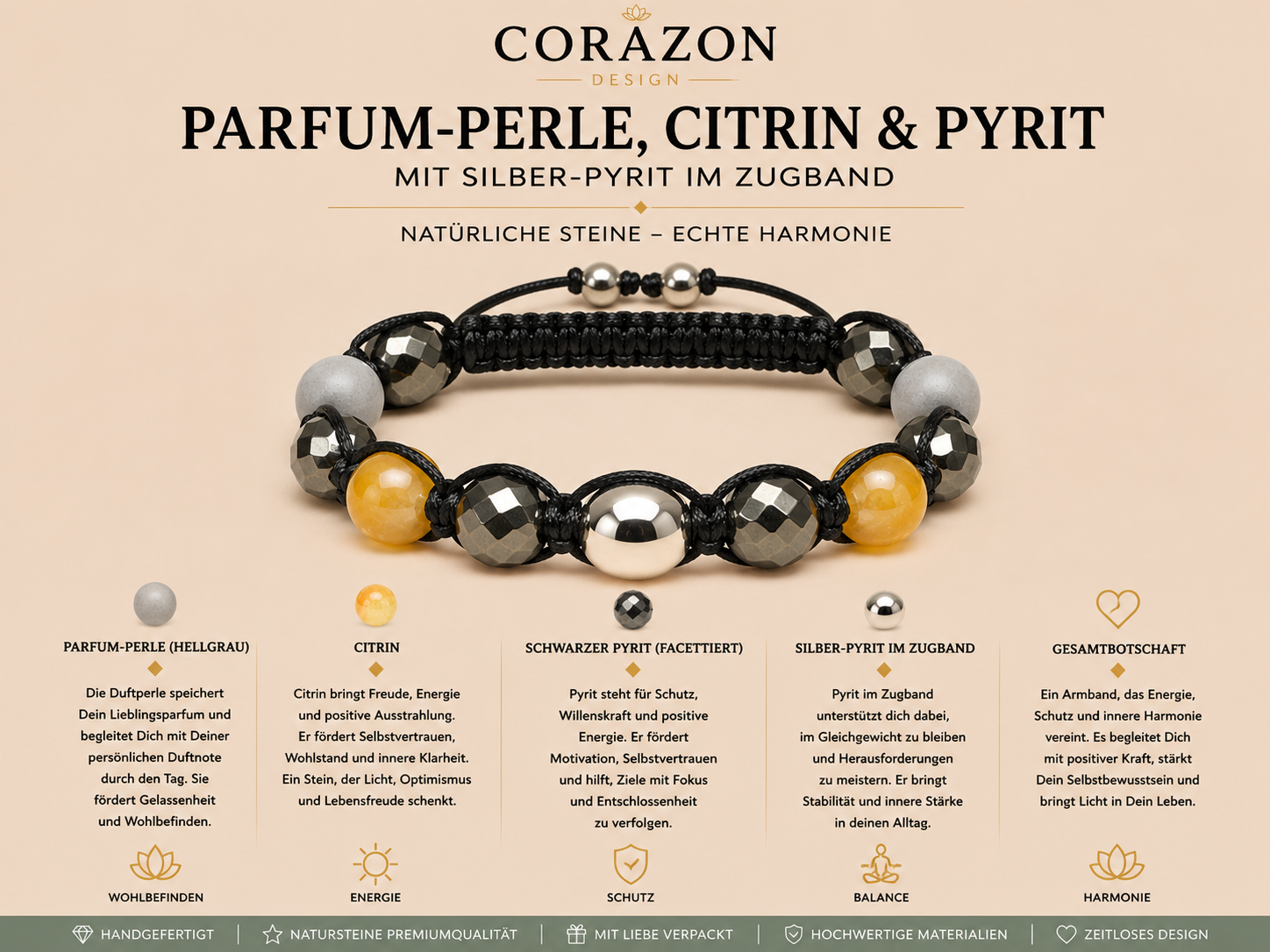 Shamballa Armband – Parfum-Perle, Citrin & Pyrit | CORAZON Design