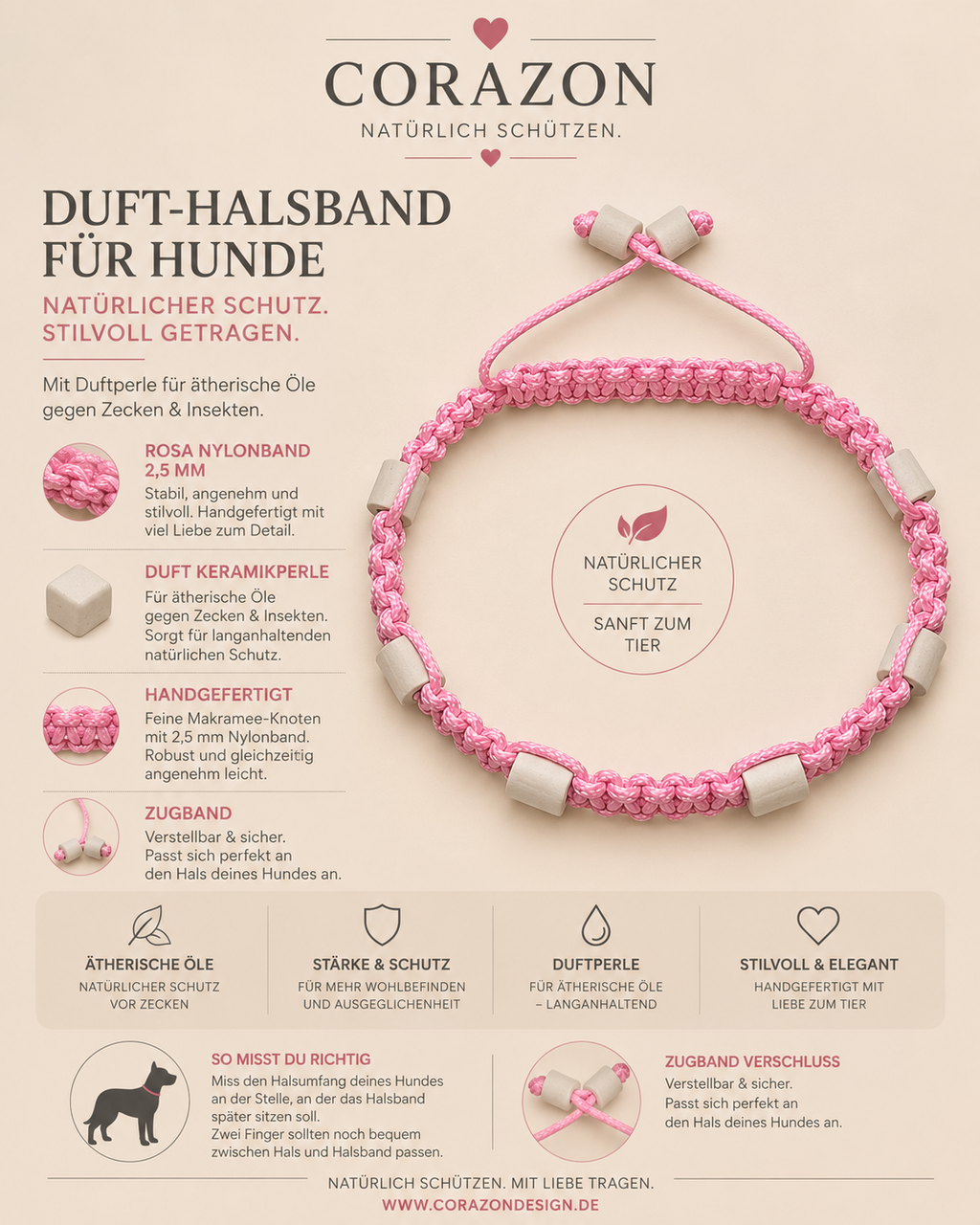 CORAZON Duft-Halsband für Hunde – Pink Makramee