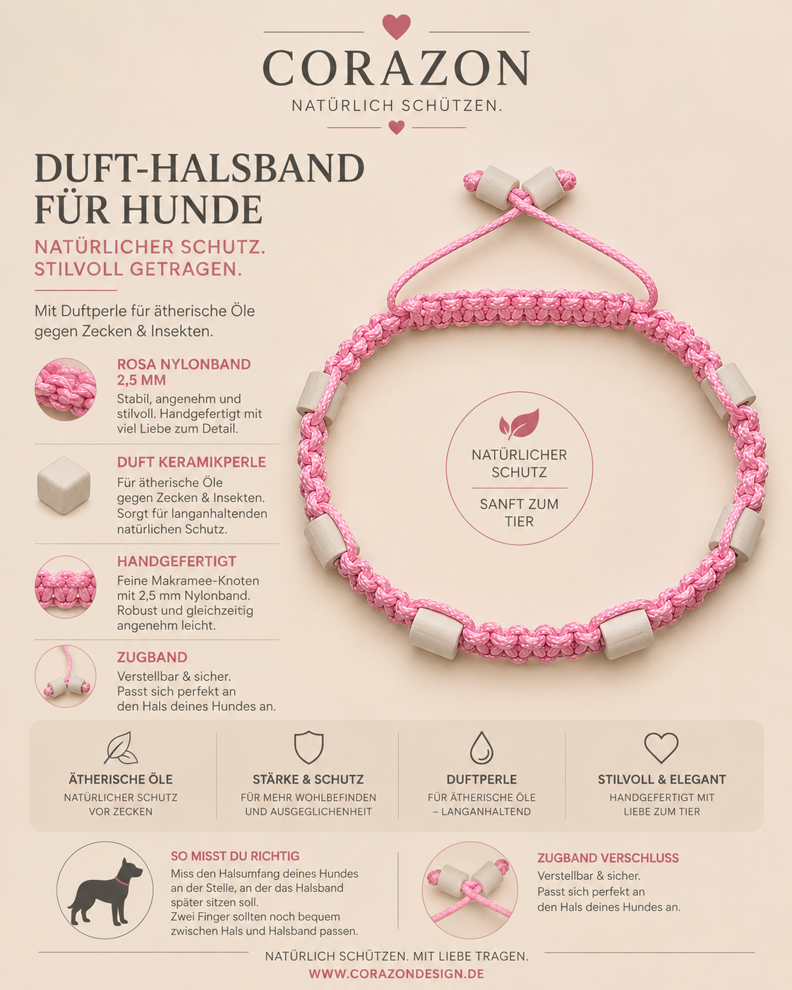 CORAZON Duft-Halsband für Hunde – Pink Makramee