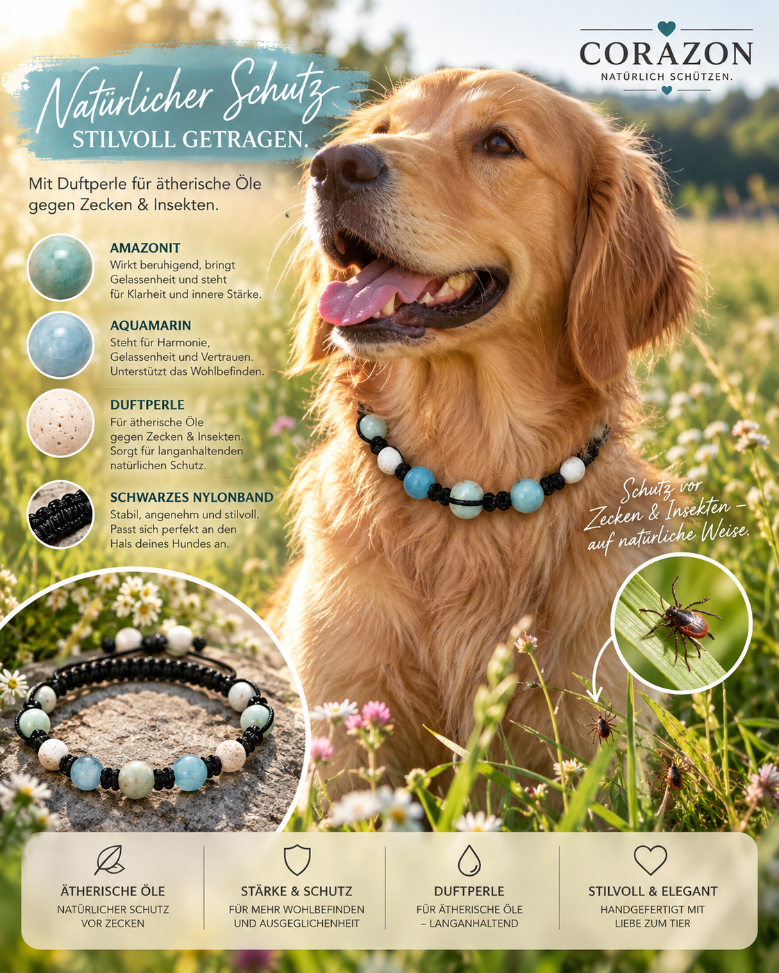CORAZON Duft-Halsband für Hunde – Amazonit & Aquamarin