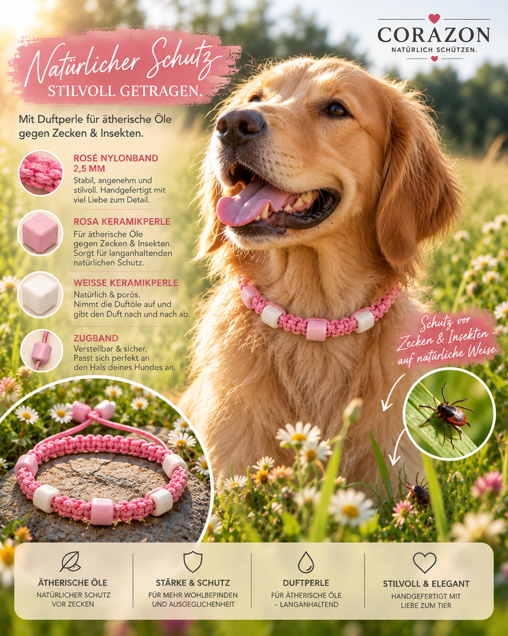 CORAZON Duft-Halsband für Hunde – Rosé mit rosa & weißen Keramik-Duftperlen