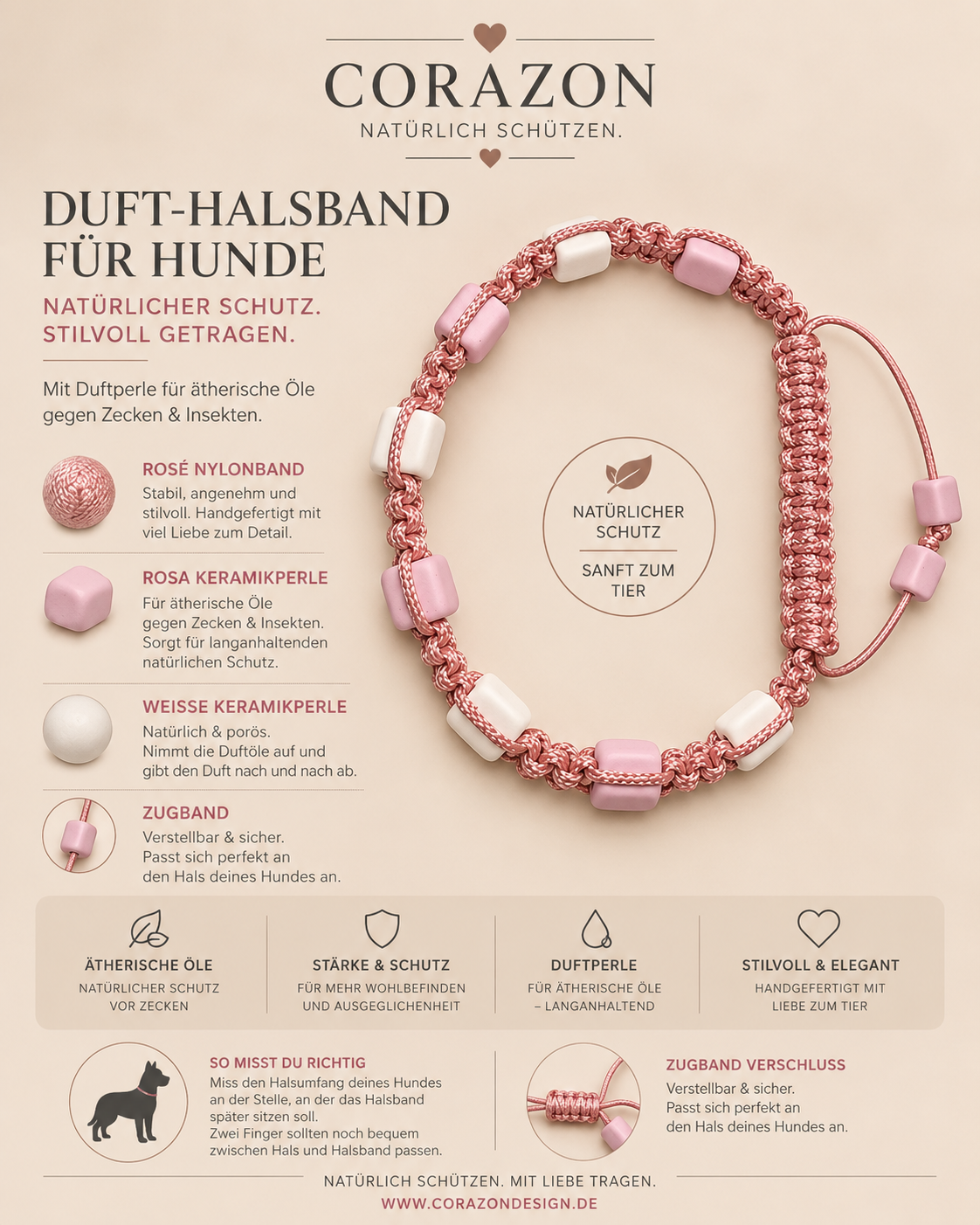 CORAZON Duft-Halsband für Hunde – Rosé mit rosa & weißen Keramik-Duftperlen