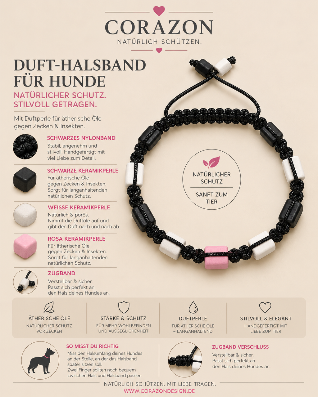 CORAZON Duft-Halsband für Hunde – Black, White & Pink