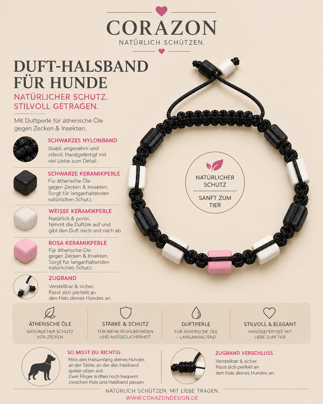 CORAZON Duft-Halsband für Hunde – Black, White & Pink