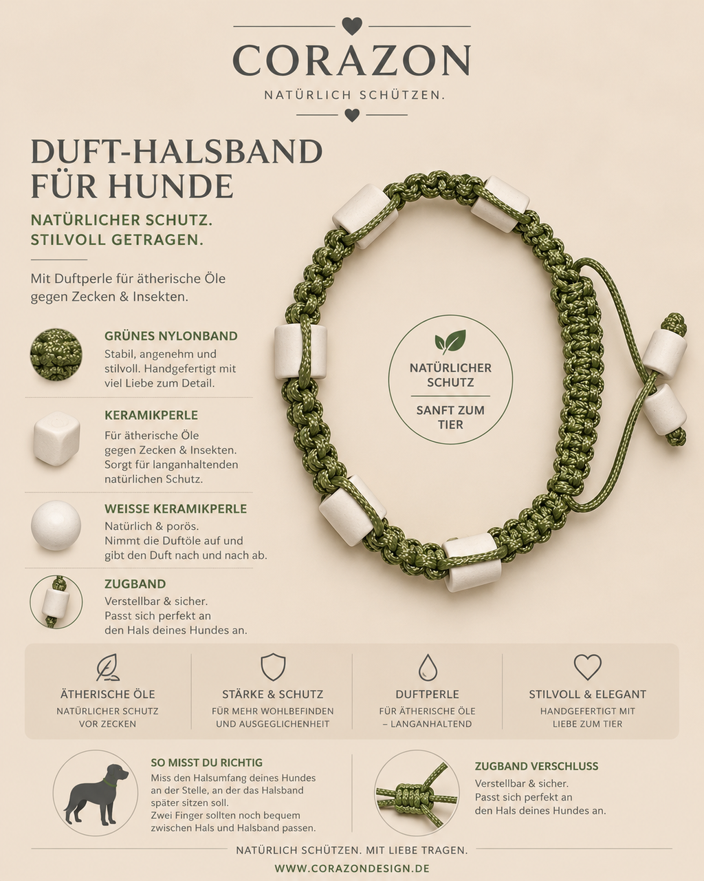 CORAZON Duft-Halsband für Hunde – Grün mit weißen Keramik-Duftperlen
