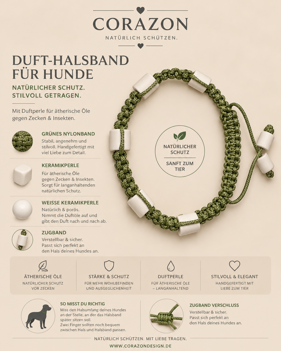 CORAZON Duft-Halsband für Hunde – Grün mit weißen Keramik-Duftperlen