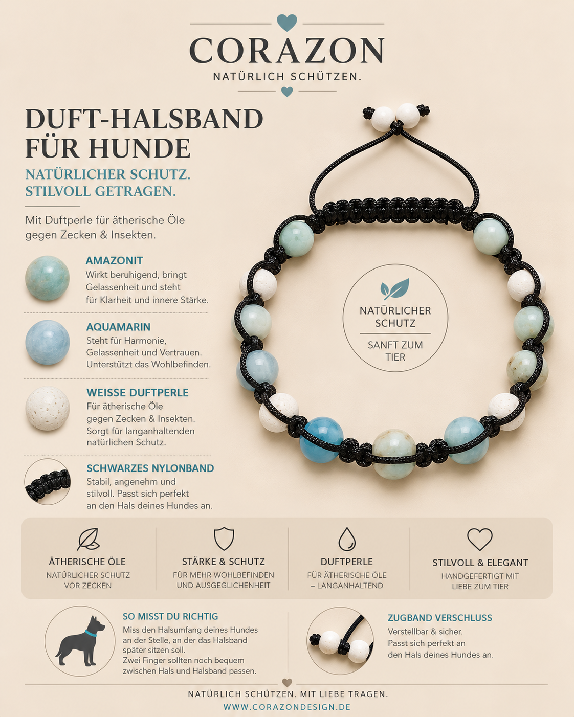 CORAZON Duft-Halsband für Hunde – Amazonit & Aquamarin