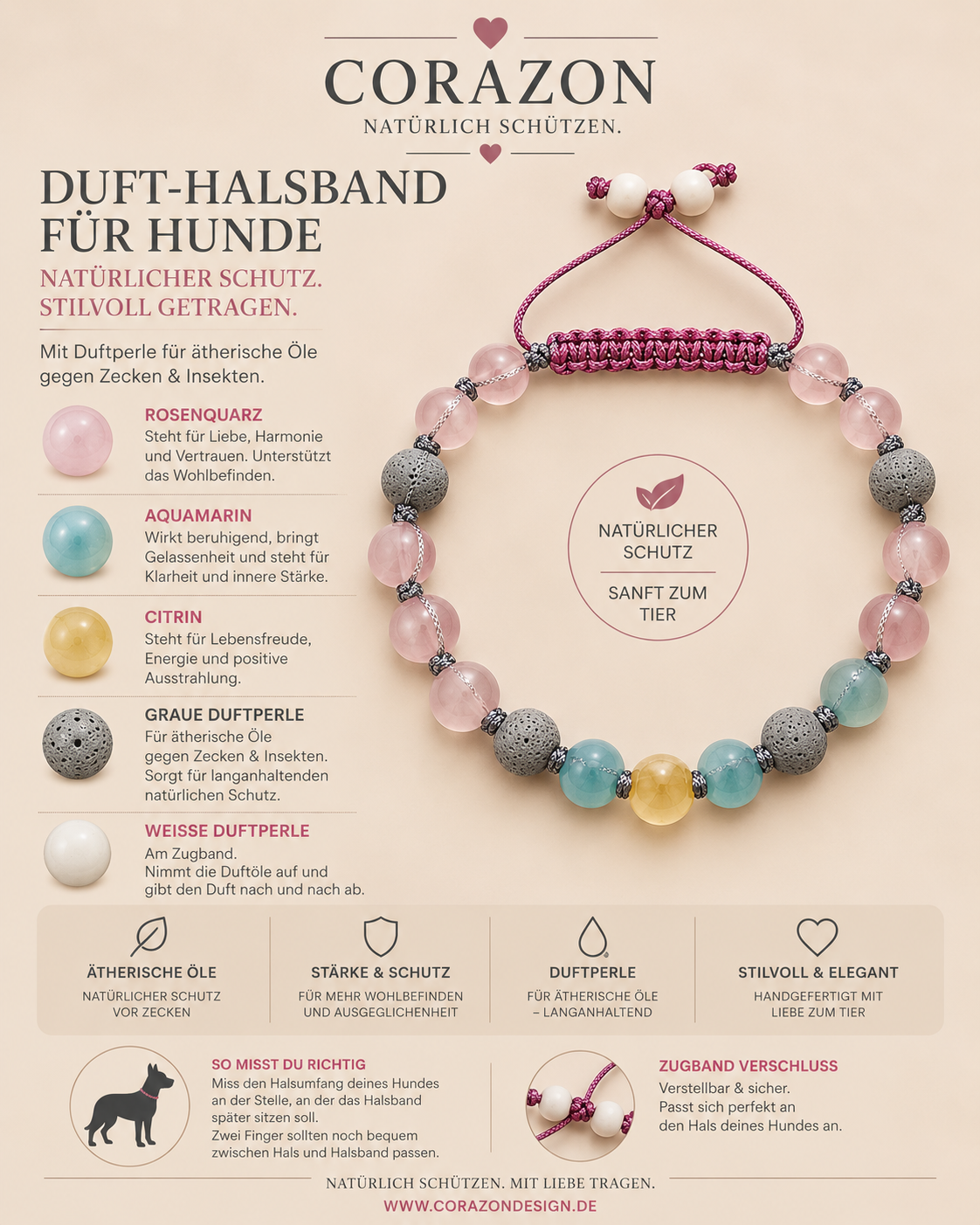 CORAZON Duft-Halsband für Hunde – Rosenquarz, Aquamarin & Citrin