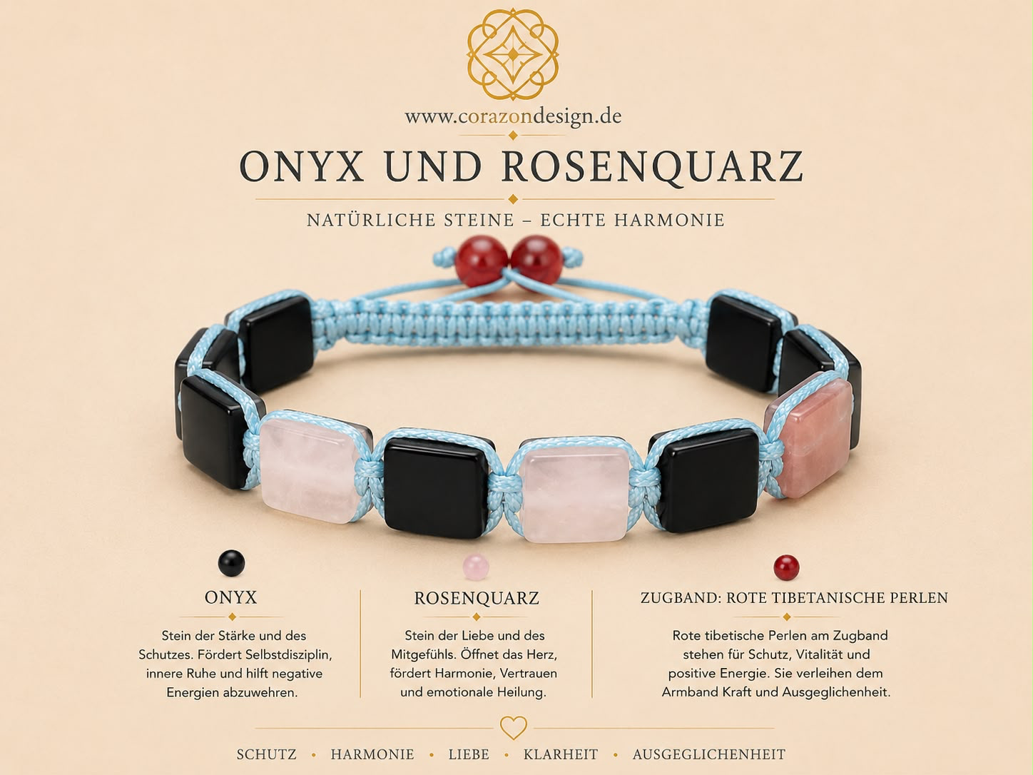 Onxx , Rosenquarz &  Rote Tibetische Perle  Bracelet