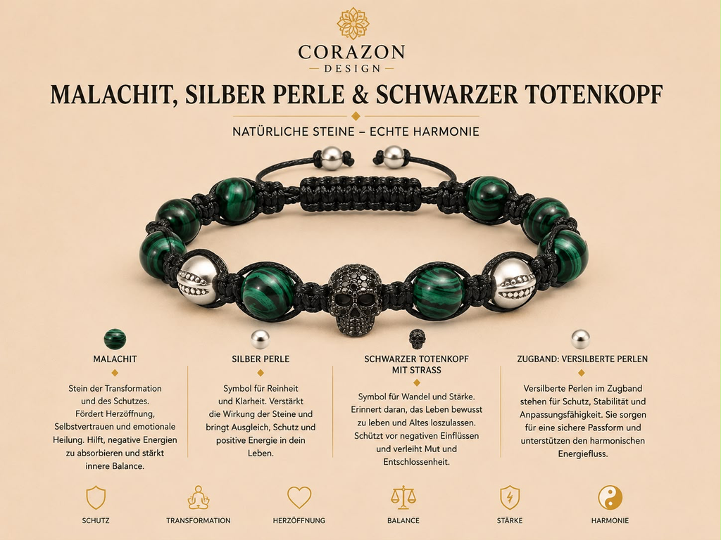 Malachit, Silberperle & schwarzem Totenkopf Armband