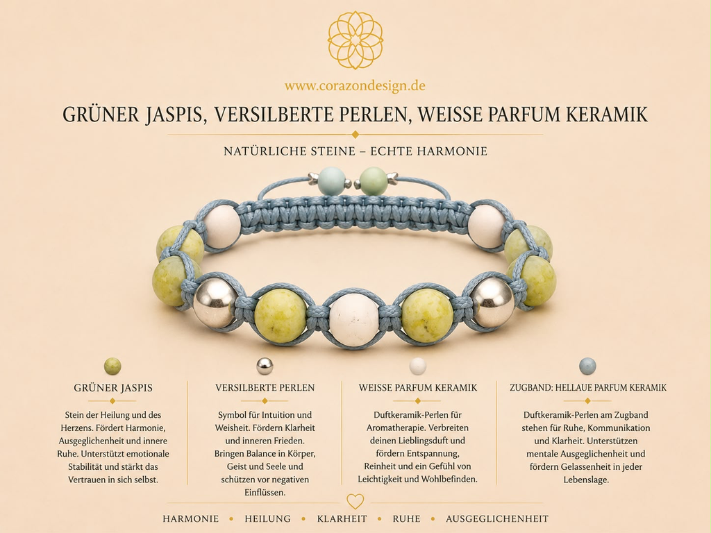 Green Jasper, Silver-Plated Bead, and White Aroma Ceramic Harmony Bracelet