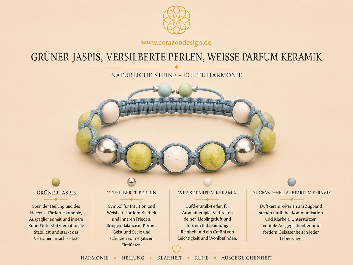 Grünem Jaspis, versilberter Perle & weißer Aroma-Keramik Armband
