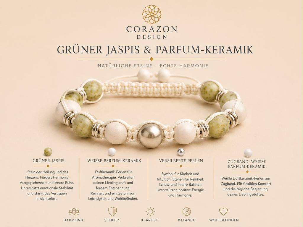 Grüner Jaspis & Parfum-Keramik – Handgefertigtes Shamballa-Armband