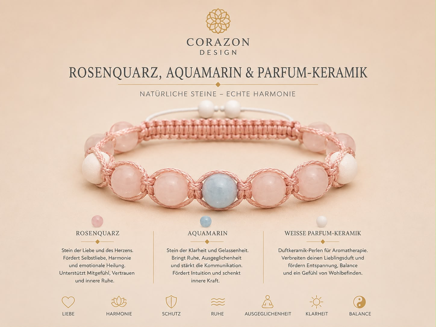 Rosenquarz, Aquamarin & Parfum-Keramik Armband