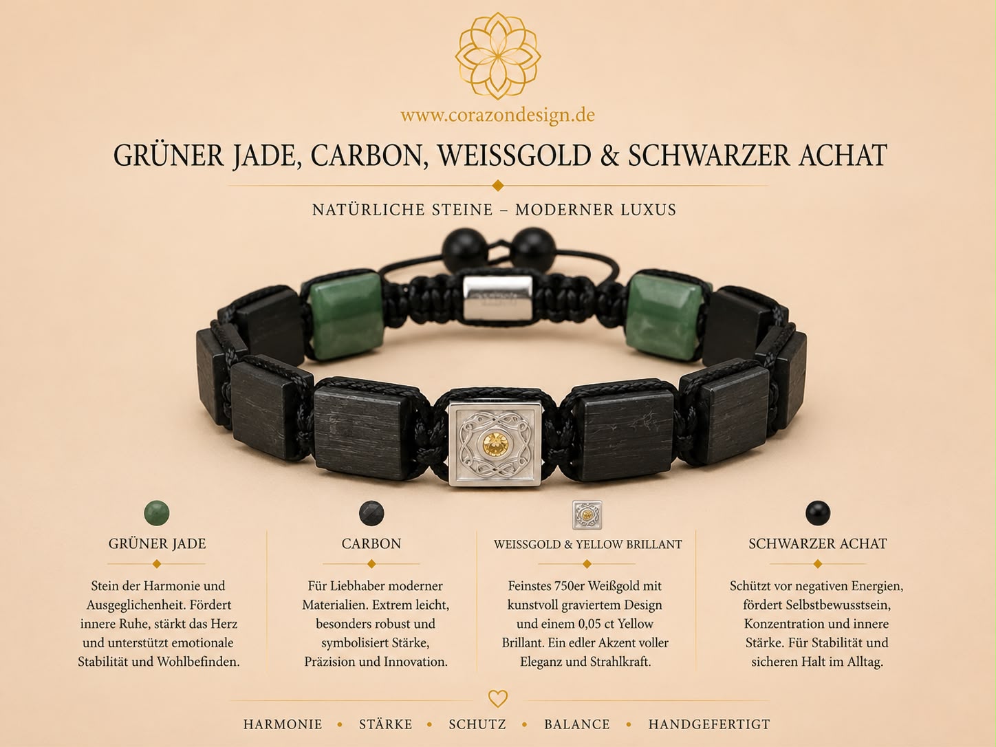 Grüner Jade, Carbon & Weißgold – Exklusives Shamballa Armband