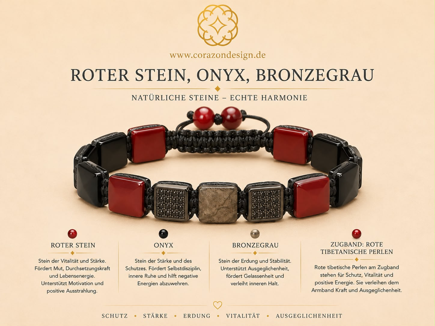 Roter Stein, Onyx & Bronzegrauem Armband