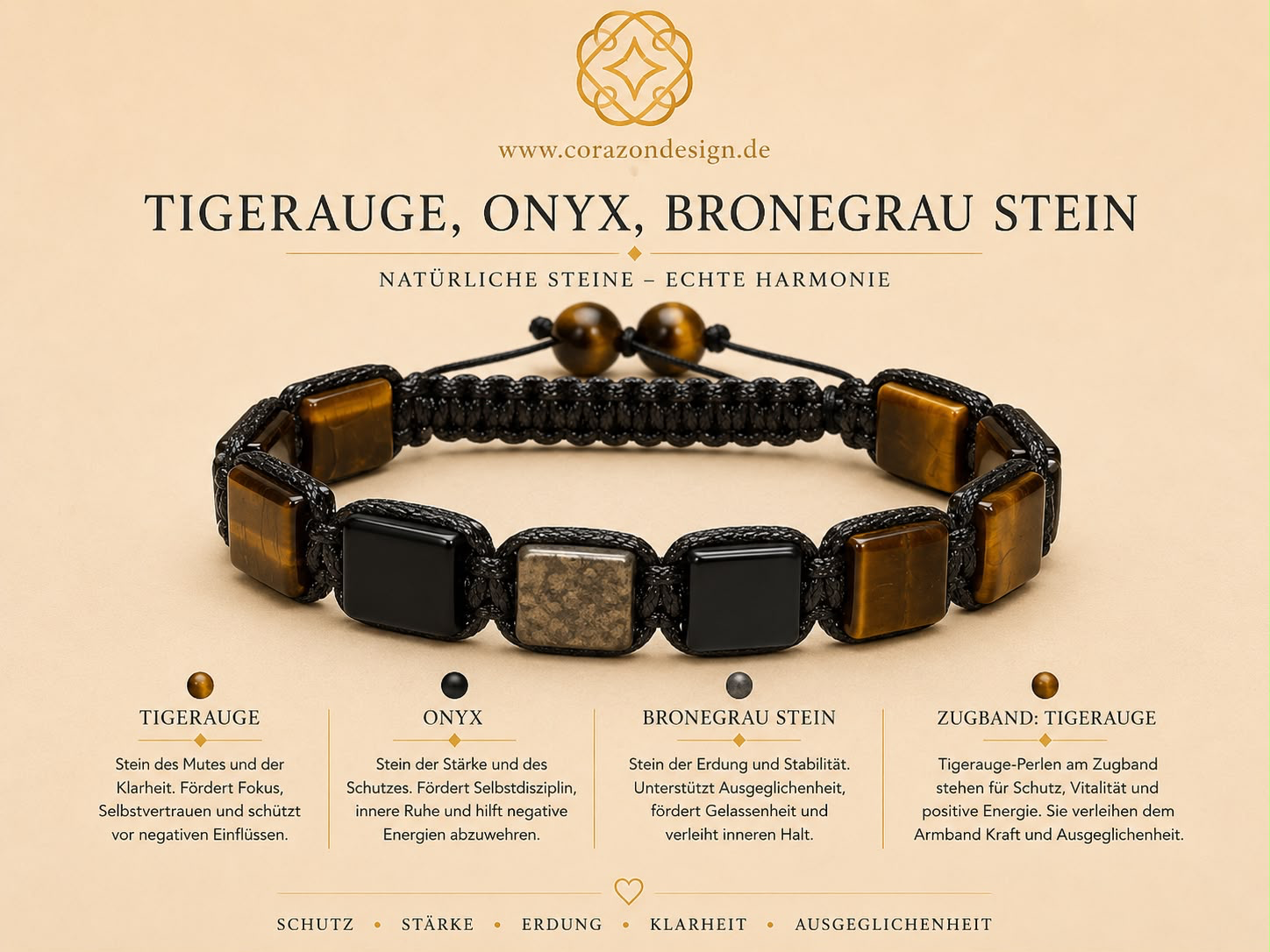 Tigerauge, Onyx & Bronzegrauem Stein Armband