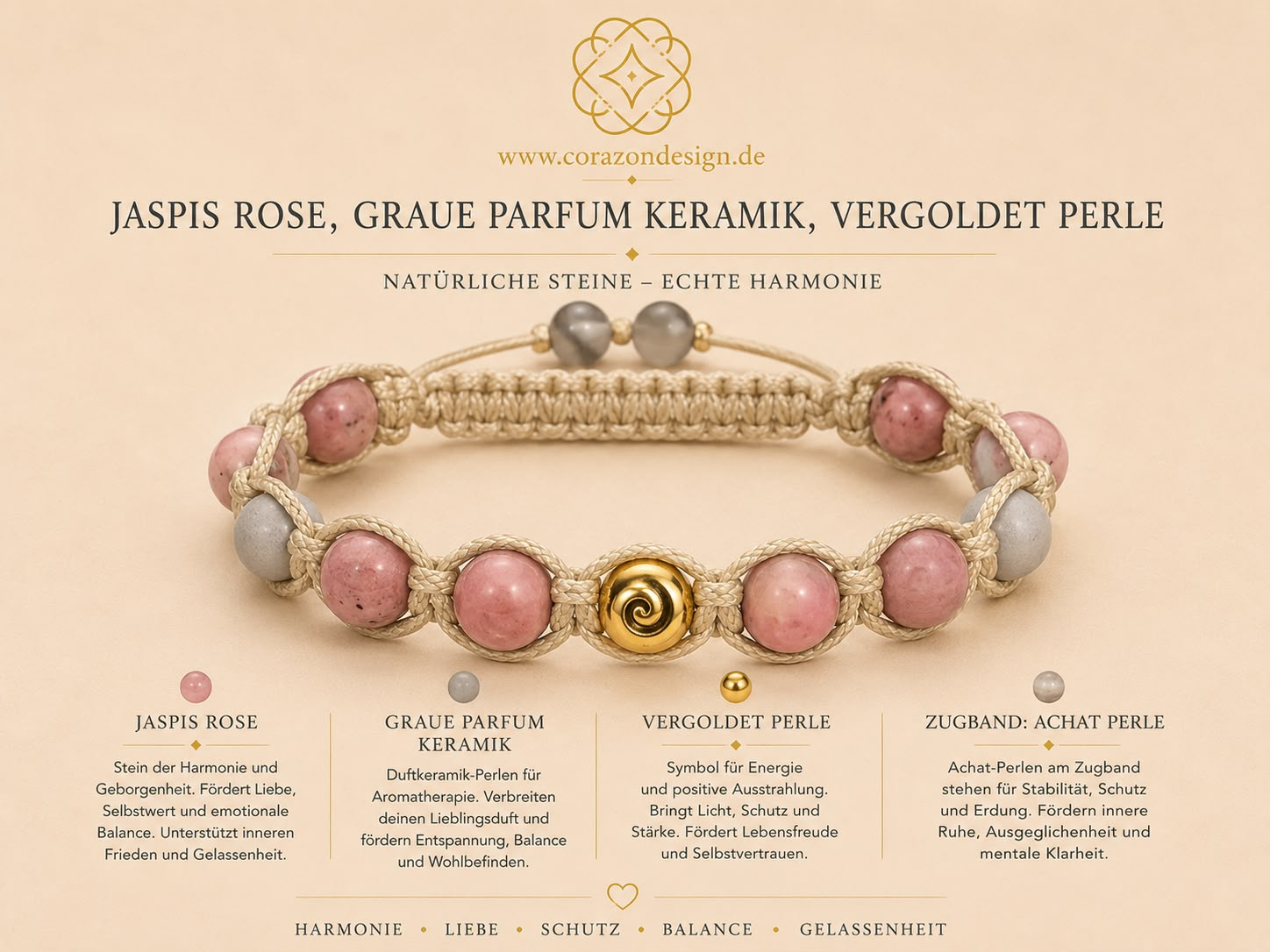 Jaspis Rose,Graue Parfum Keramik, Vergoldet Perle Armband