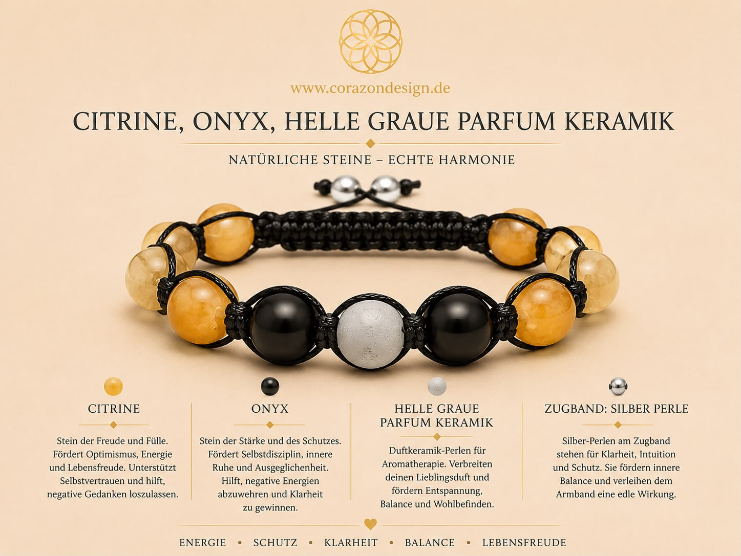 Citrine, Onyx, Hell Graue Parfum Keramik  Armband
