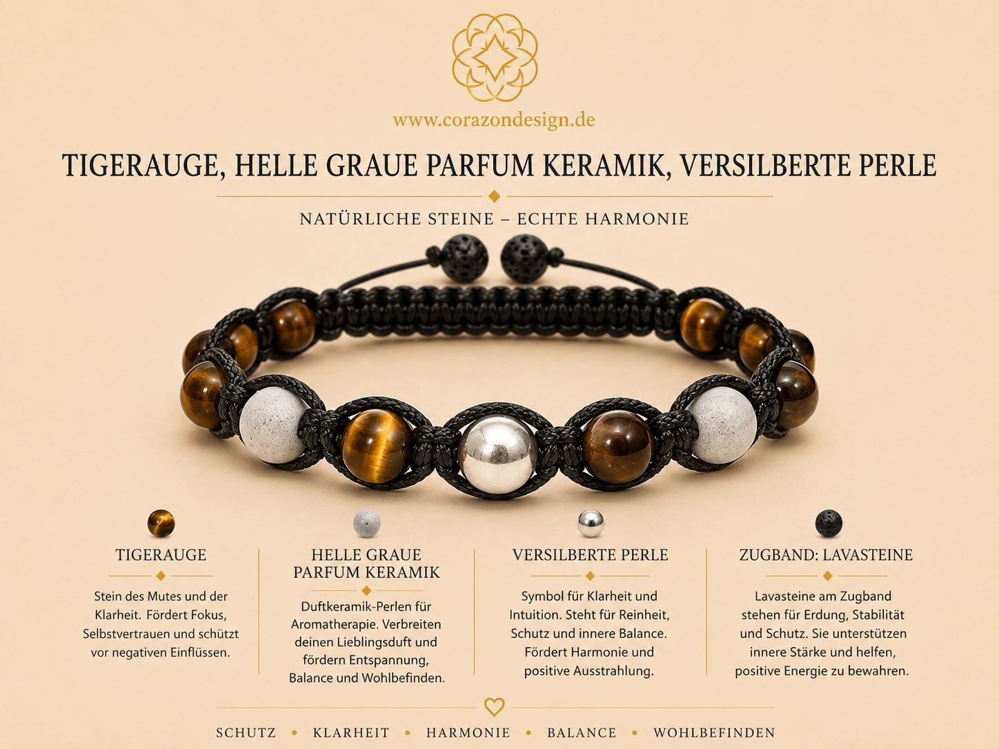 Tigerauge & Parfum-Keramik – Handgefertigtes Shamballa-Armband