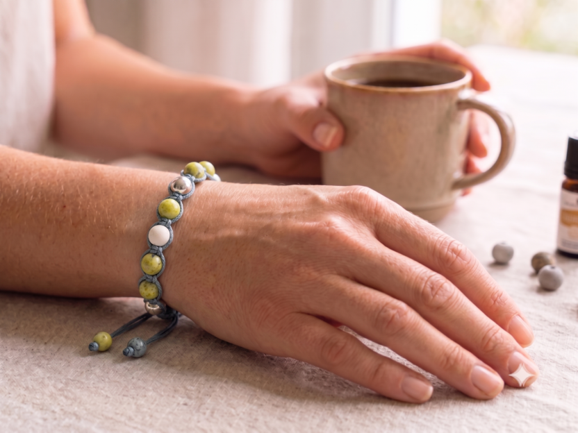 Green Jasper, Silver-Plated Bead, and White Aroma Ceramic Harmony Bracelet