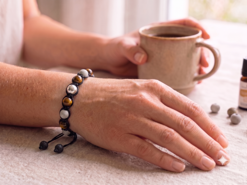 Tigerauge & Parfum-Keramik – Handgefertigtes Shamballa-Armband