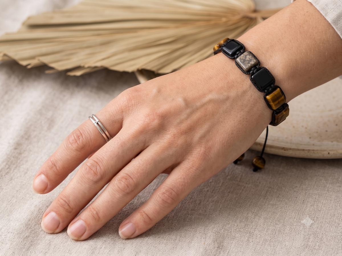 Tigerauge, Onyx & Bronzegrauem Stein Armband