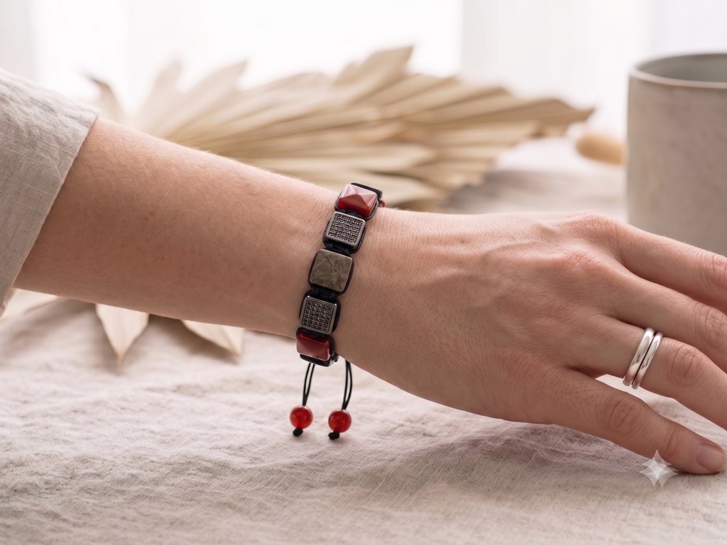 Roter Stein, Onyx & Bronzegrauem Armband