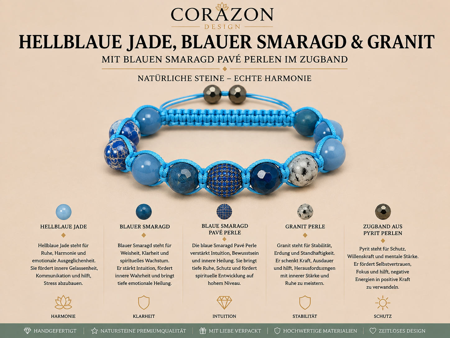 Shamballa Armband – Hellblaue Jade, Blauer Smaragd, Smaragd Pavé & Granit | CORAZON Design