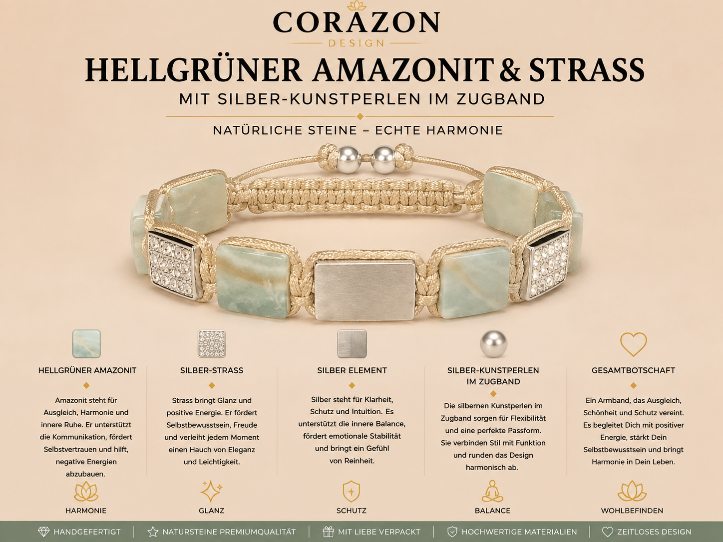 Shamballa Armband mit hellgrünem Amazonit, Silber & Strass | Handgefertigt
