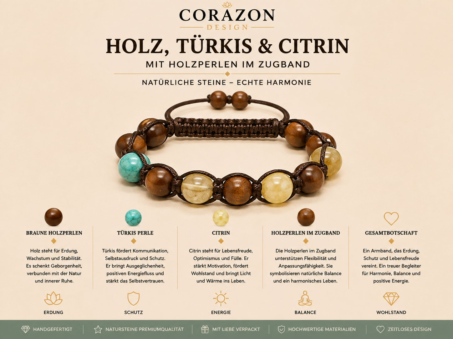 Shamballa Armband – Holz, Türkis & Citrin | Handgefertigtes Naturstein-Armband