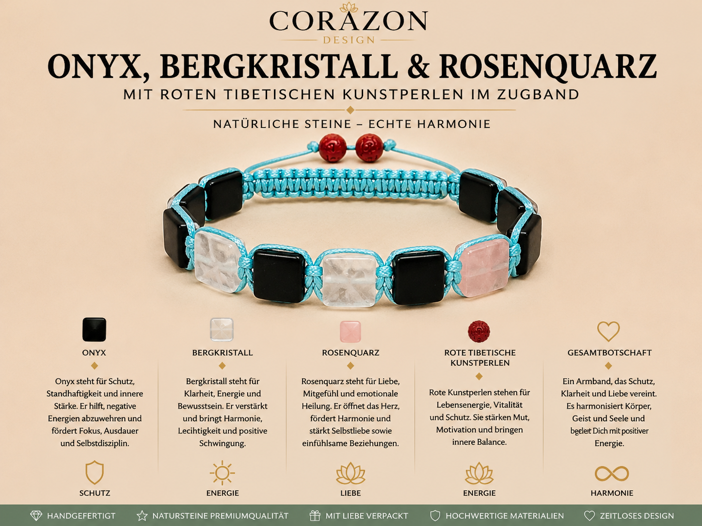 Shamballa Armband – Onyx, Bergkristall & Rosenquarz | CORAZON Design