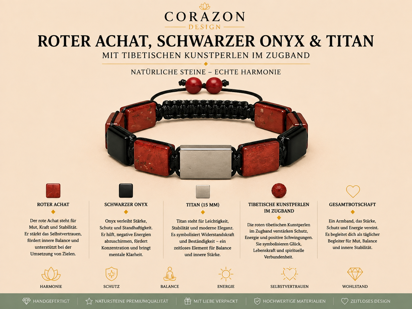 Shamballa Armband – Roter Achat, schwarzer Onyx & Titan | CORAZON Design
