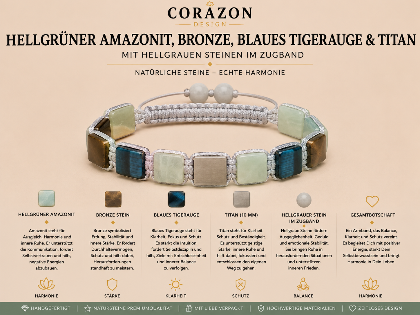 Shamballa Armband – Amazonit, Bronze, blaues Tigerauge & Titan | CORAZON Design