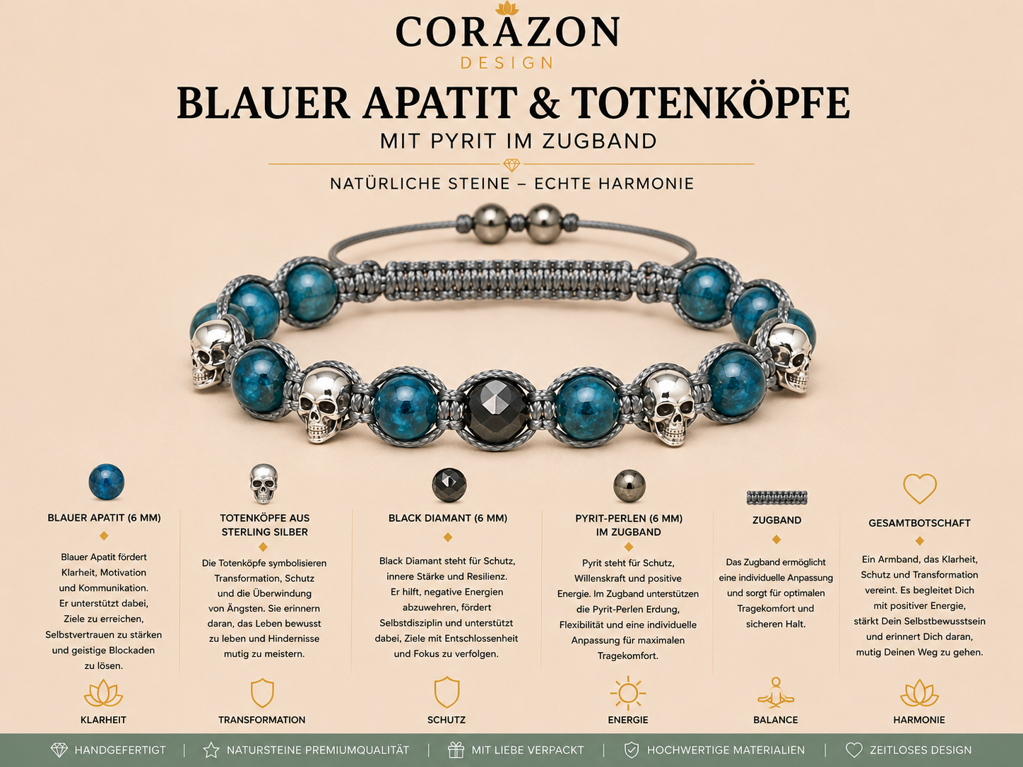 Shamballa Armband – Blauer Apatit, Sterling-Silber Totenköpfe & Black Diamond | CORAZON Design