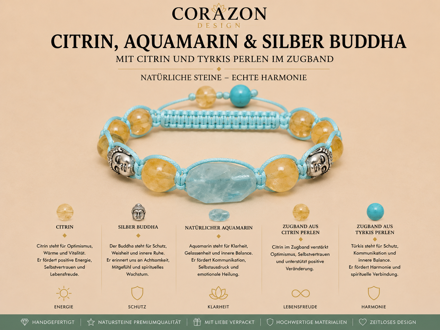 Shamballa Armband – Citrin, Aquamarin & Silber Buddha | CORAZON Design