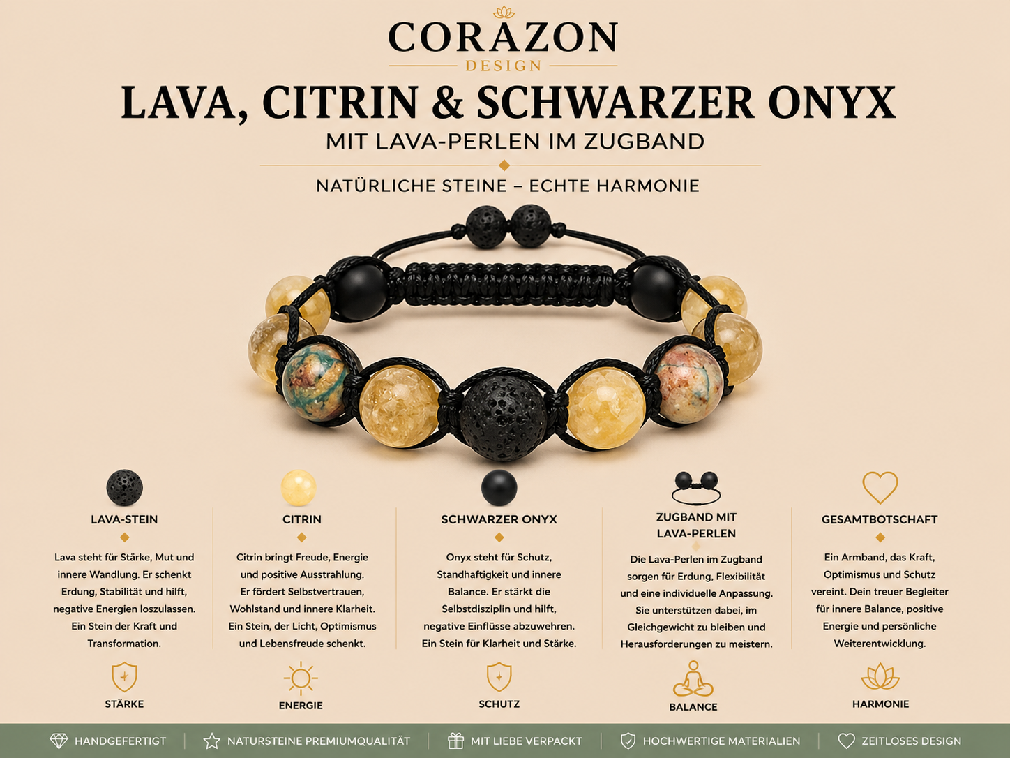 Shamballa Armband – Lava, Citrin & schwarzer Onyx | CORAZON Design