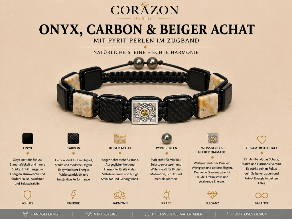 Shamballa-Armband – Onyx, Carbon, beiger Achat & Weißgold mit gelbem Diamant | CORAZON DESIGN