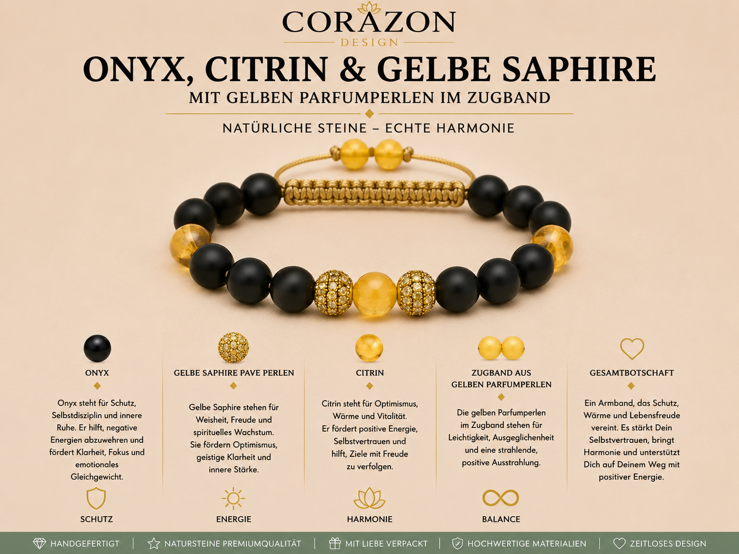 Shamballa Armband – Onyx, Citrin & gelber Saphir Pavé | CORAZON Design