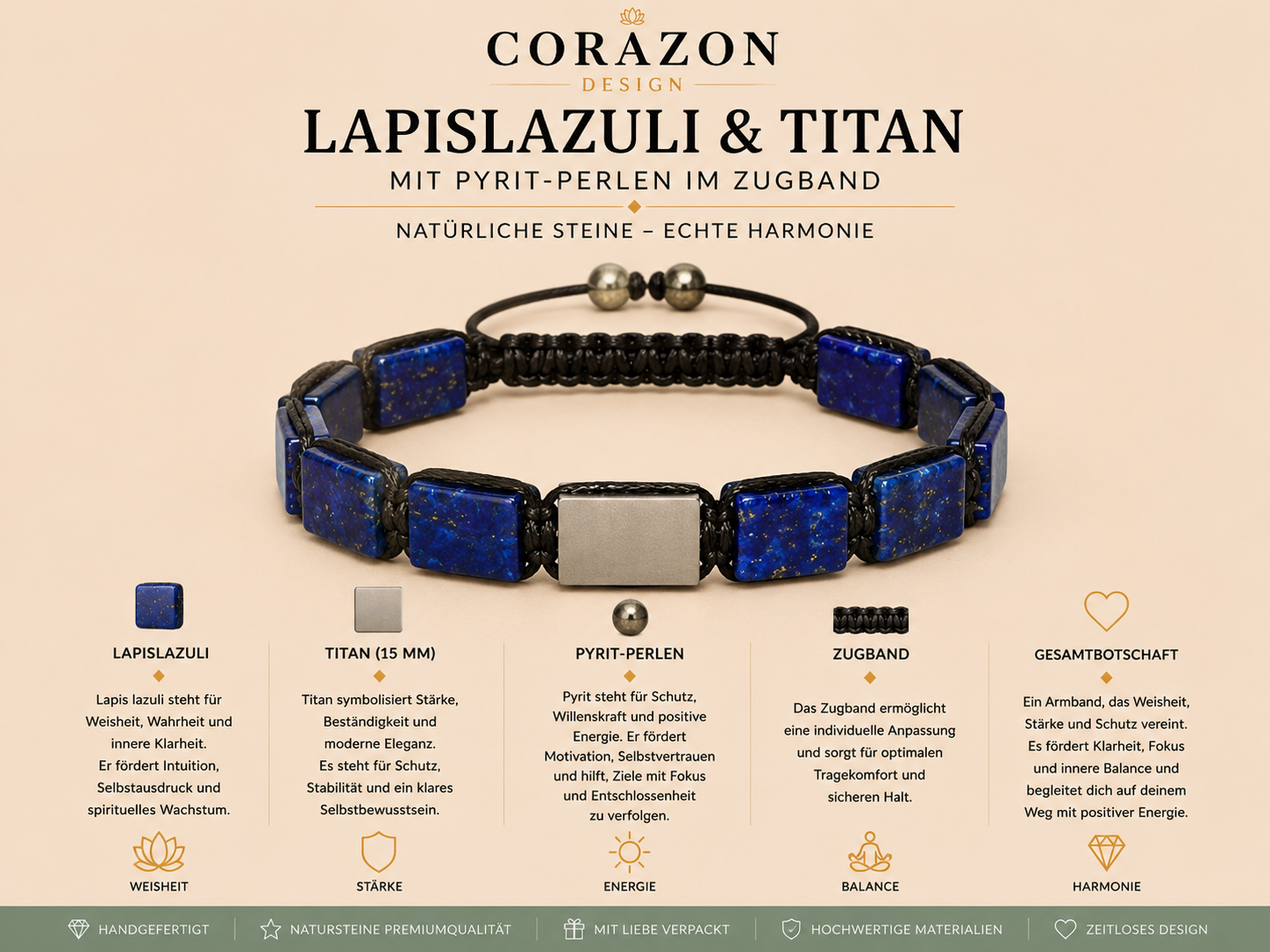 Shamballa Armband – Lapislazuli & Titan mit Pyrit | CORAZON Design