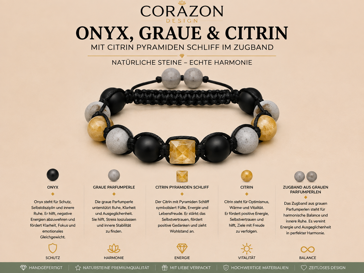 Shamballa Armband – Onyx, graue Parfumperlen & Citrin | CORAZON Design