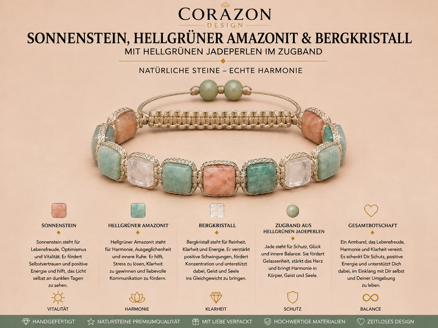 Shamballa Armband – Sonnenstein, hellgrüner Amazonit & Bergkristall | CORAZON Design