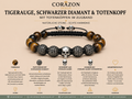 Shamballa Armband – Tigerauge, schwarze Diamant-Pavé-Perlen & Sterling-Silber Totenkopf | CORAZON Design