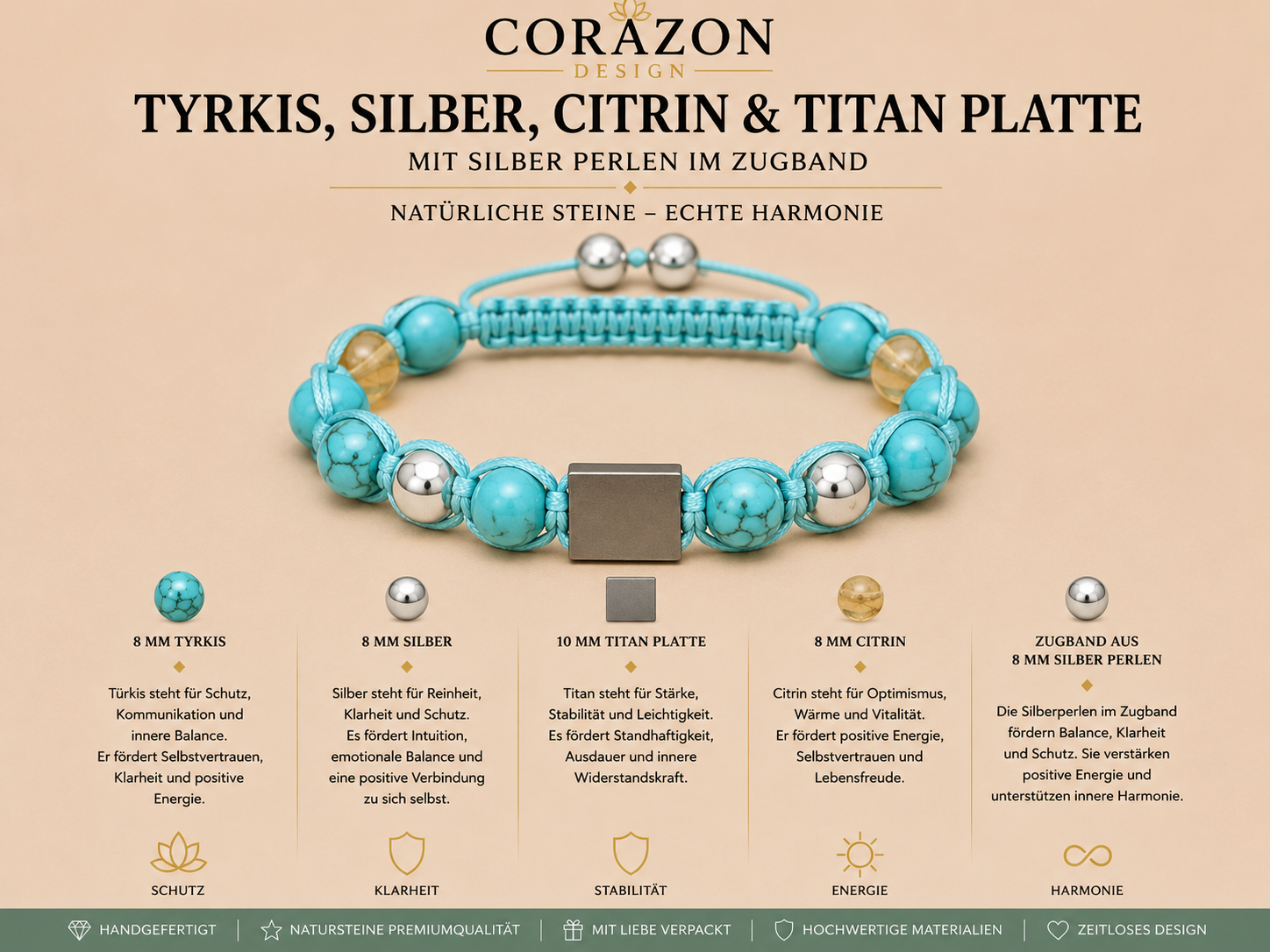 Shamballa Armband – Türkis, Silber, Citrin & Titan | CORAZON Design